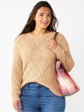 Sonoma Tan Pointelle Tunic Sweater Geometric Diamond Pattern M